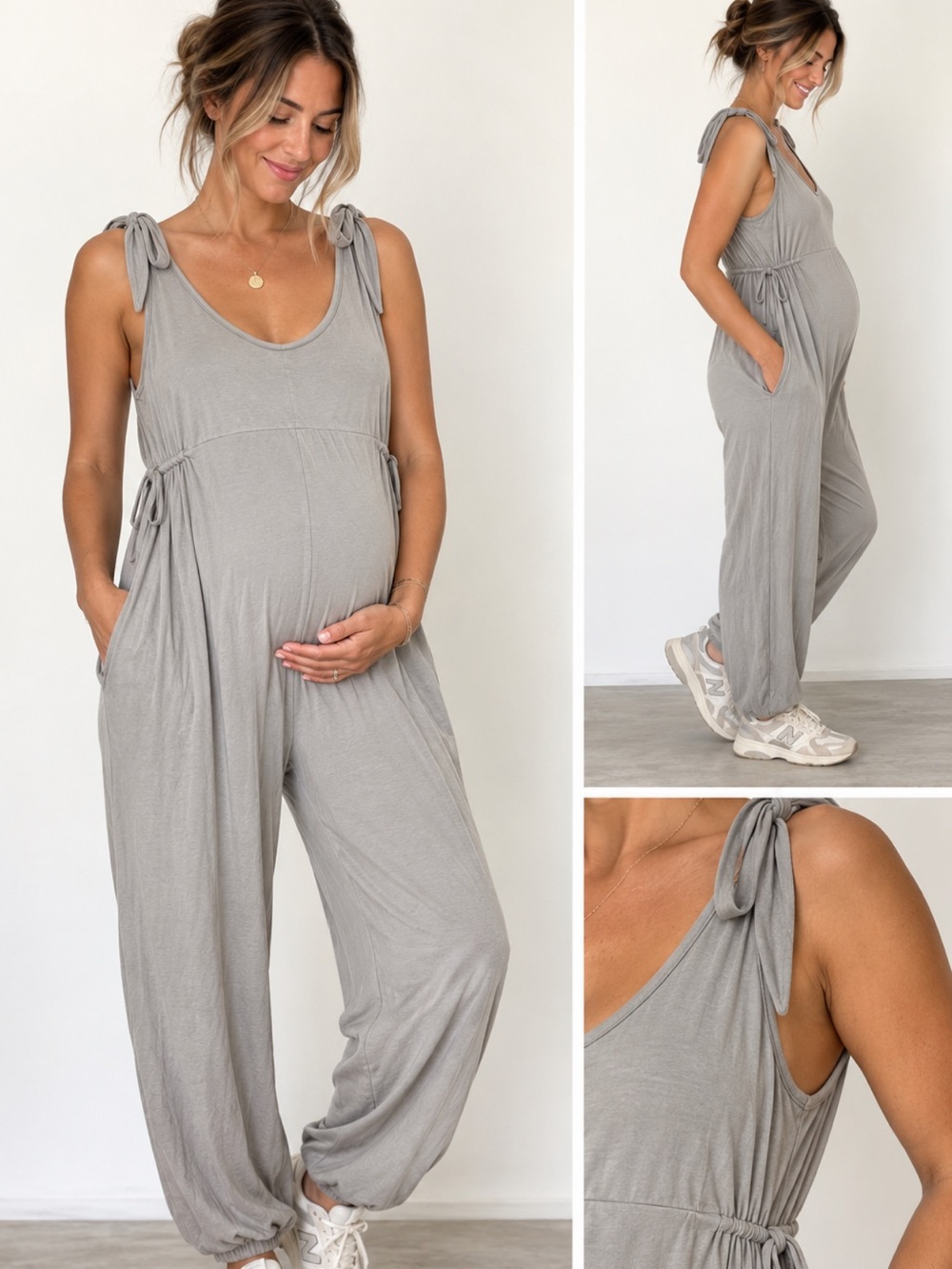 Ingrid & Isabel Maternity Tie-Shoulder Jumpsuit Light Gray
